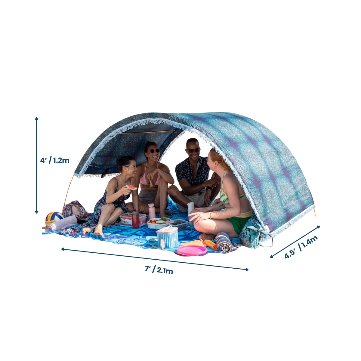 Suniela portable beach cabana with Ocean Waves cotton canopy shown with dimensions, seating a group on a white background