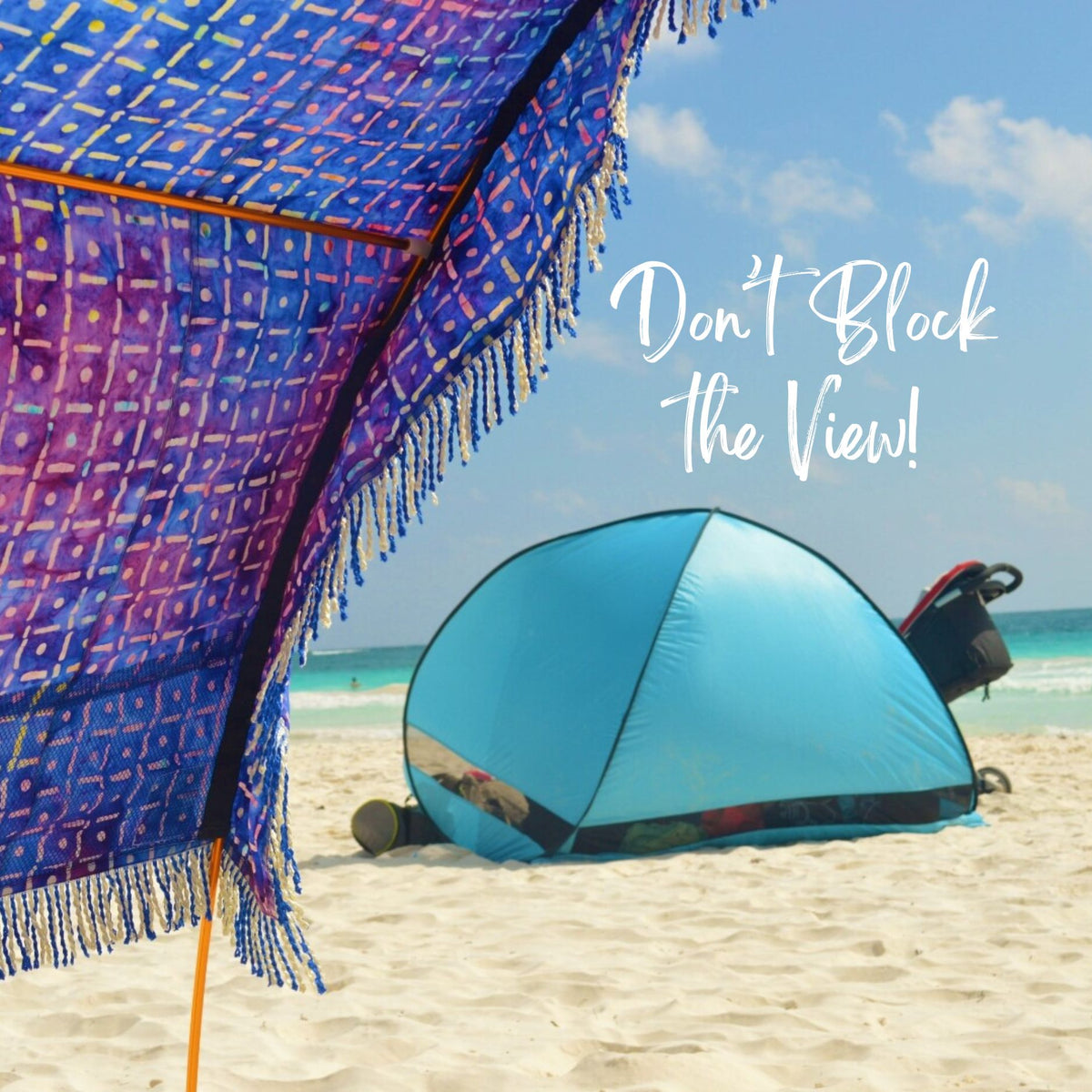 view blocking synthetic beach tent compared to a boho shade cabana by Suniela