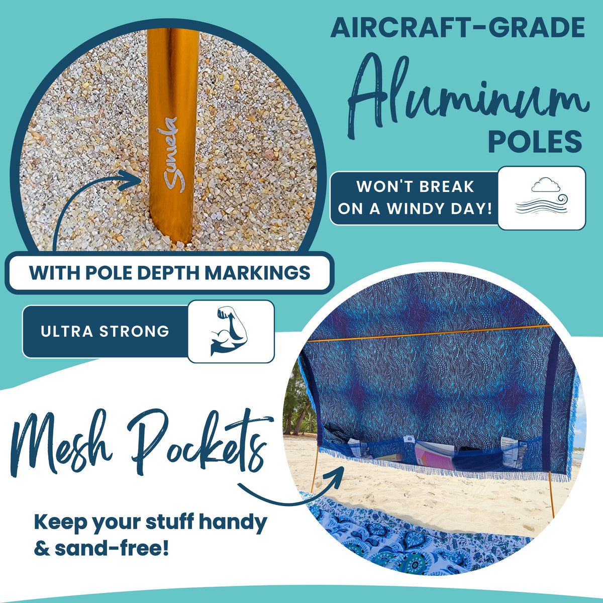 Suniela Beach cabana with strong aluminum poles and mesh pockets