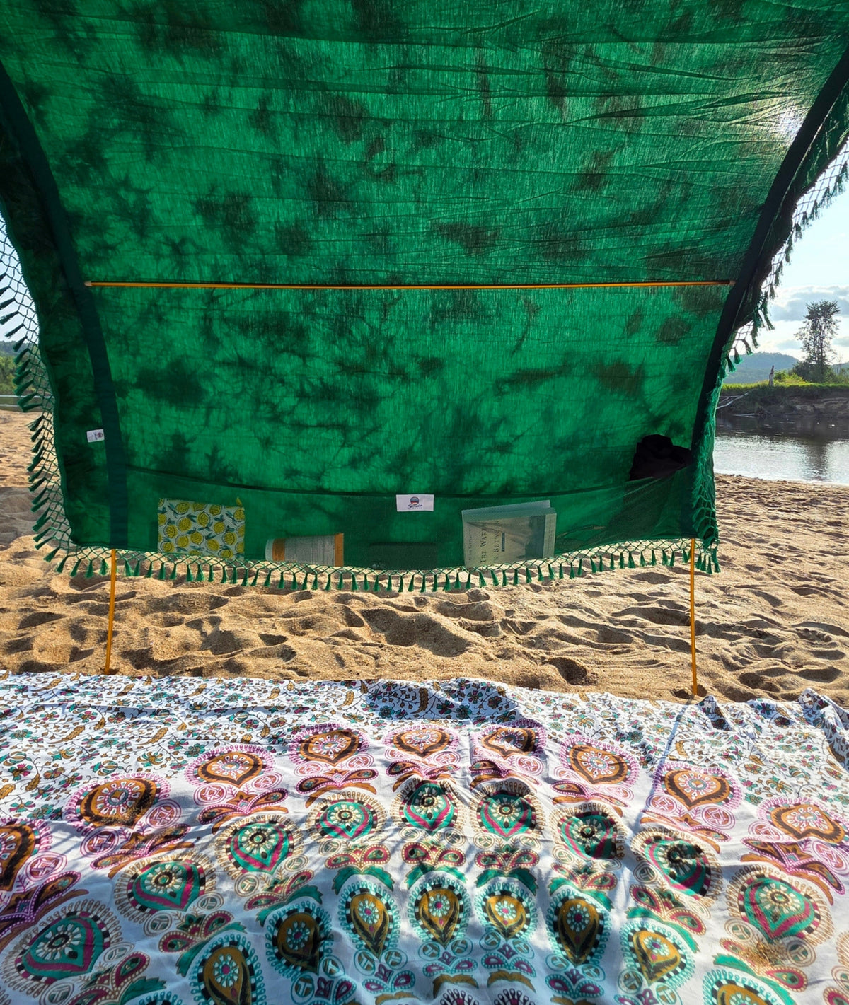 Rainforest Green tie-dye Suniela shade cabana canopy detail showing the hand-dyed cotton fabric