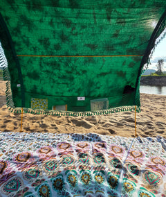 Rainforest Green tie-dye Suniela shade cabana canopy detail showing the hand-dyed cotton fabric