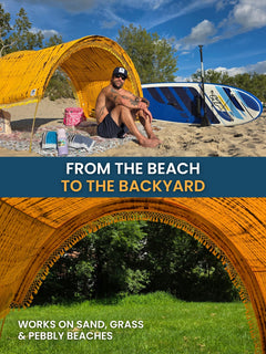 Tiger’s Eye Suniela portable beach cabana set up on a sandy beach and on backyard grass, showing it works on sand, grass and pebbly beaches.