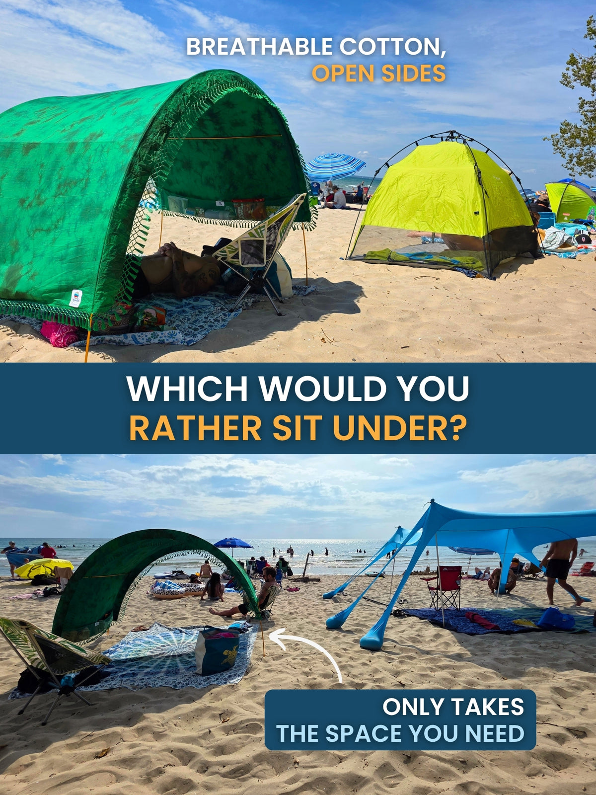 Rainforest Green Suniela portable beach cabana next to an enclosed pop-up beach tent and a large stretch shade with sandbag legs, showing its breathable cotton, open sides and compact footprint.