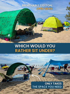 Rainforest Green Suniela portable beach cabana next to an enclosed pop-up beach tent and a large stretch shade with sandbag legs, showing its breathable cotton, open sides and compact footprint.